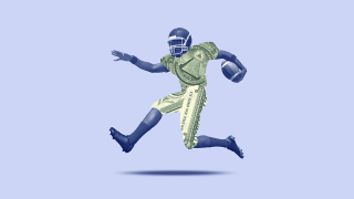 Illustration of a football player dressed in a dollar bill. 