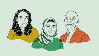 Line illustration of three professors, Corinne Hyde, Yasemin Copur-Gencturk and Anthony Maddox.