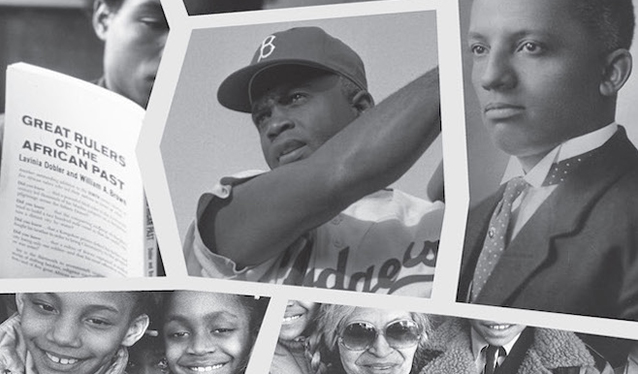 Clockwise from top left: A student in a Black studies class in 1973 (Courtesy of Getty Images); Professional baseball player Jackie Robinson (Courtesy of Wikimedia Commons); Black History Month founder Carter G. Woodson (Courtesy of Wikimedia Commons); Civil rights icon Rosa Parks with grade school students in 1983 (Courtesy of Getty Images).
