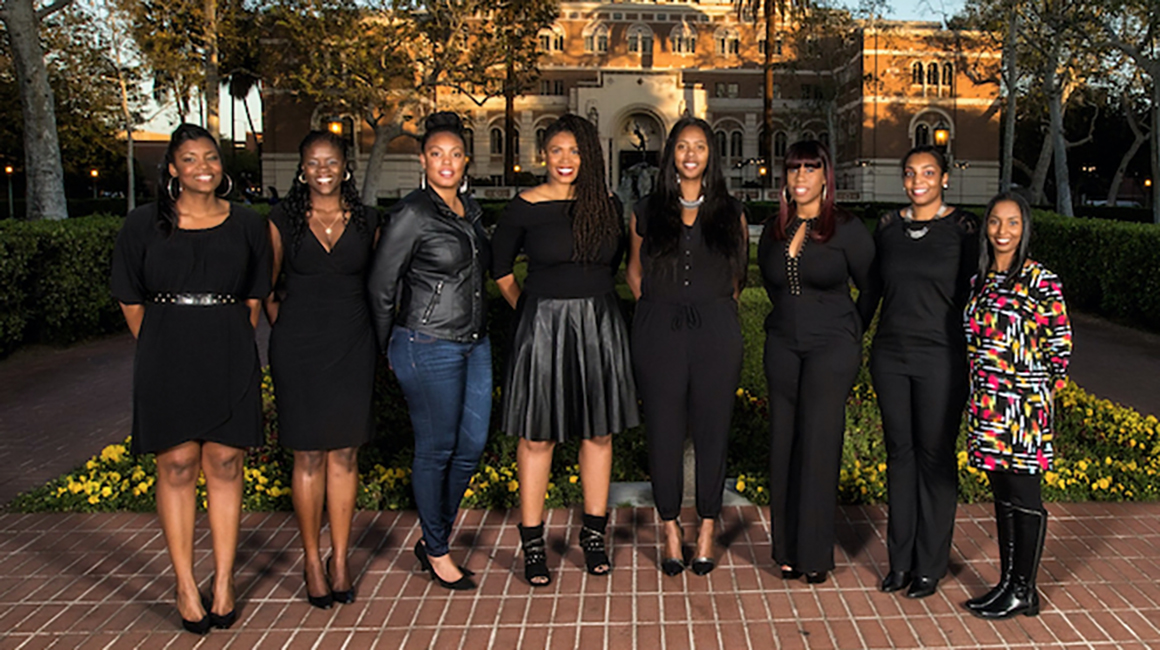 The founders of JENGA on the USC campus. From left to right: Rosalind Conerly EdD ’16, Bathsheba Brutus EdD ’16, Marcedes Butler EdD ’16, Airies Davis EdD ’16, Marquisha Flowers EdD ’16, Crystal Adams EdD ’16, Brenda Green EdD ’16, and Khalisha Jefferson EdD ’16. (Photo/Gregory Worsham ME ’16)