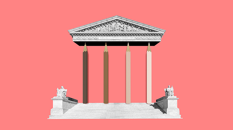 Illustration of Supreme Court building with multi-colored pencils as columns.