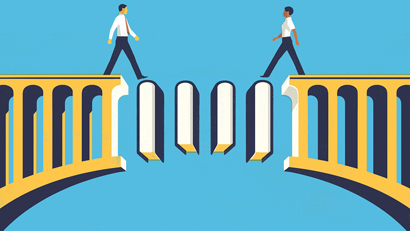 An illustration of a bridge made of books with two people walking toward one another.