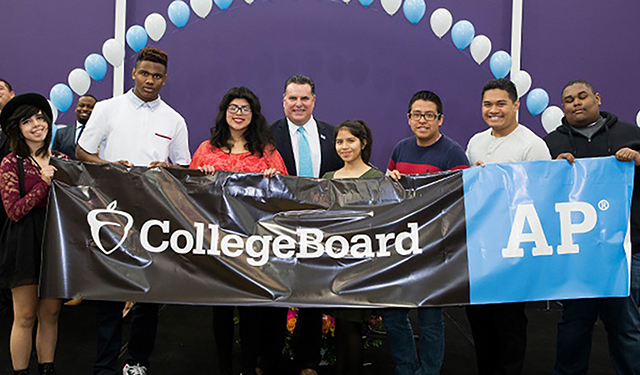 Superintendent Paul Gothold EdD ’17 (center, in tie) celebrates with Lynwood students. Photos courtesy Lynwood Unified School District.