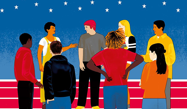 Illustration of 8 students talking in a circle