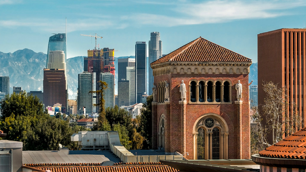 USC building with Downtown LA in background