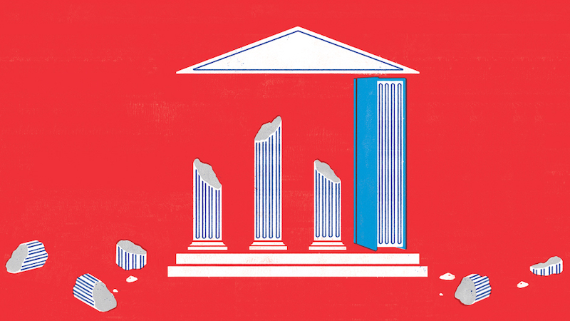 Illustration of a book holding up a building with broken columns.