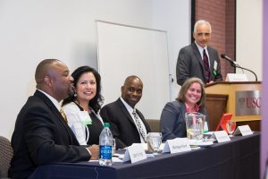  Leadership and Collaboration in Higher Education breakout session. From Left to Right, Merrill Irving, Jr. EdD ’07, Monique Allard EdD ’06 , Chris McDonald EdD ’12, Tonantzin Oseguera EdD ’13 and Mark Rocha PhD’88