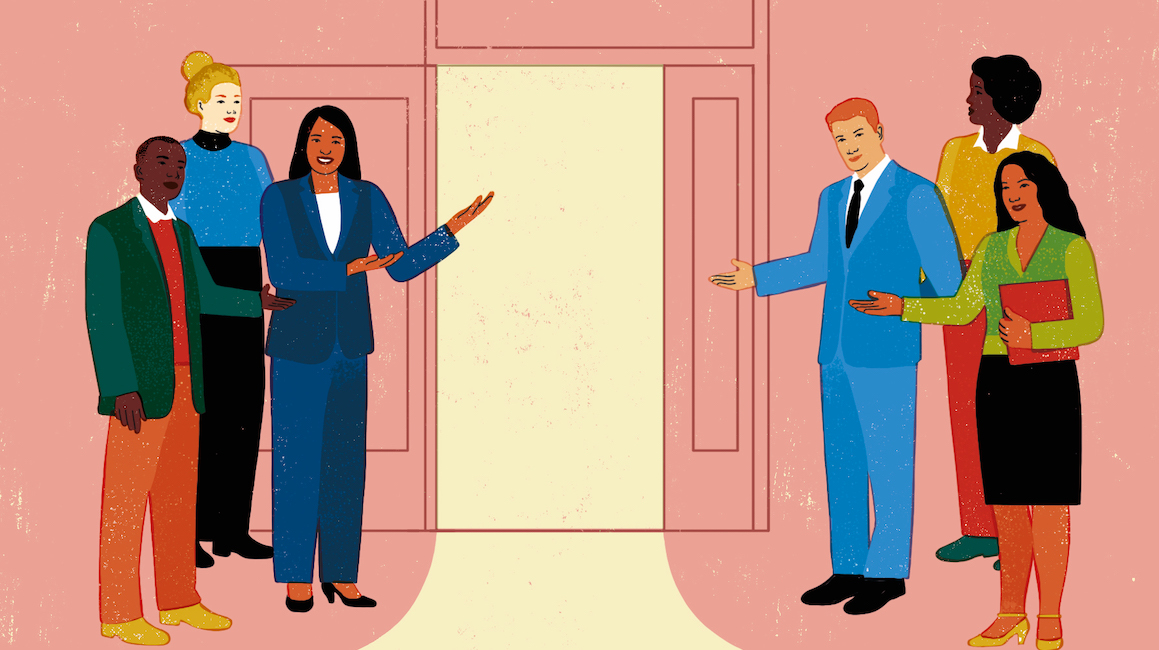 An illustration of a group of faculty gesture toward an open door.