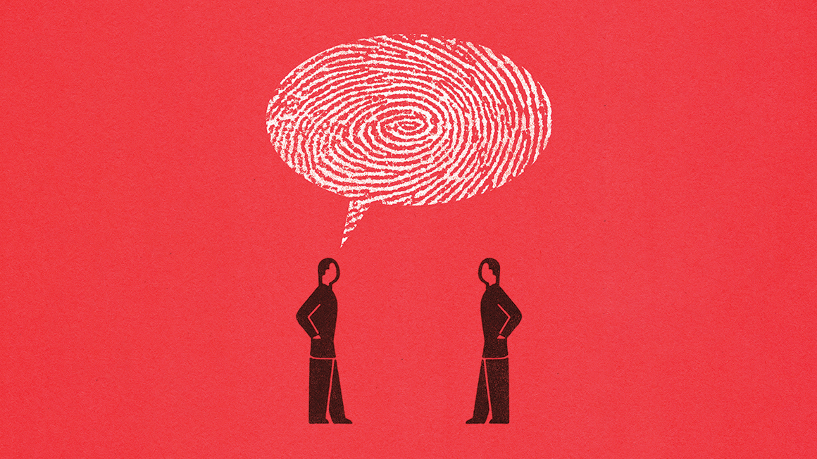 Illustration of two people facing one another. Above one is a large quote bubble with a finger print inside of it. The figures are black and the background is red.