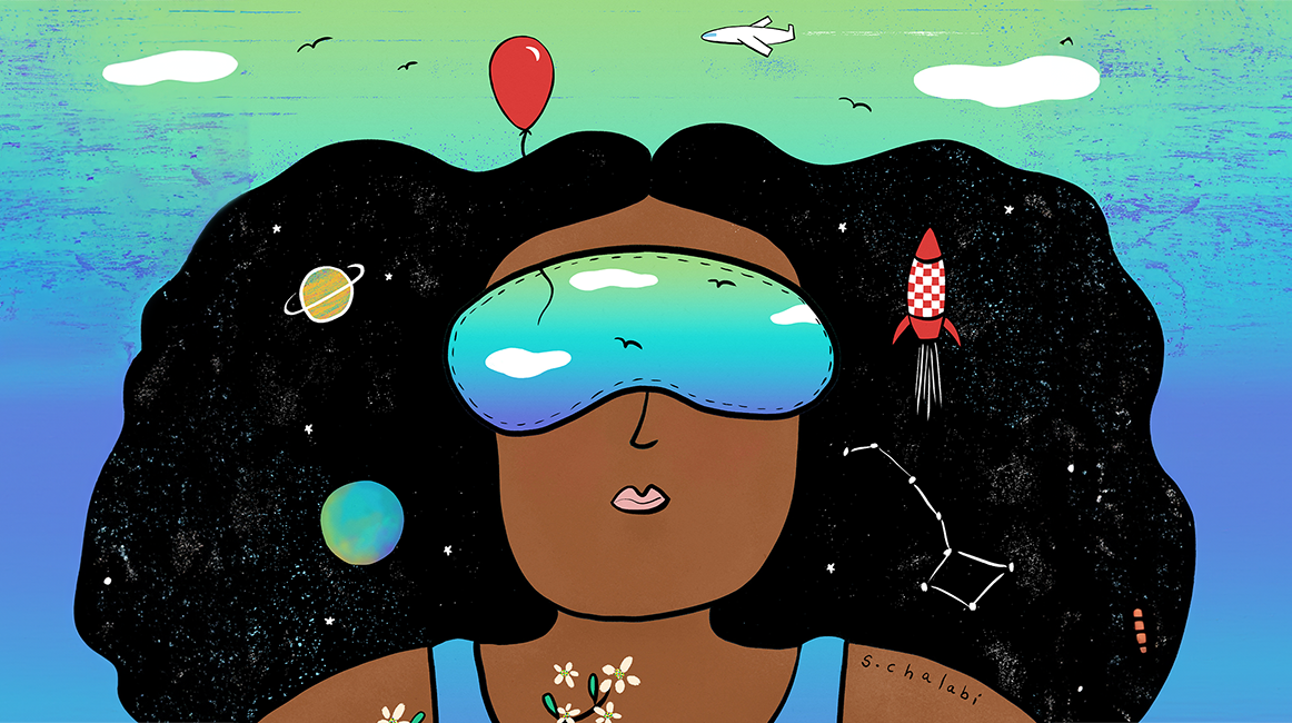 Illustration of a Black woman wearing an eye mask and relaxing.