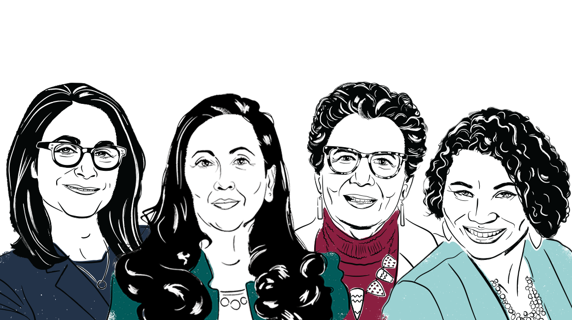 Illustrated portraits of school of education deans Carole Basile, Kimberly White Smith, Frances Contreras and Tina Christie