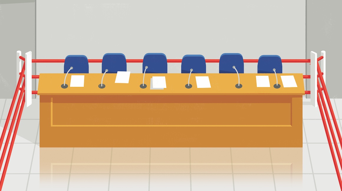 Illustration of a school board meeting inside a boxing ring.