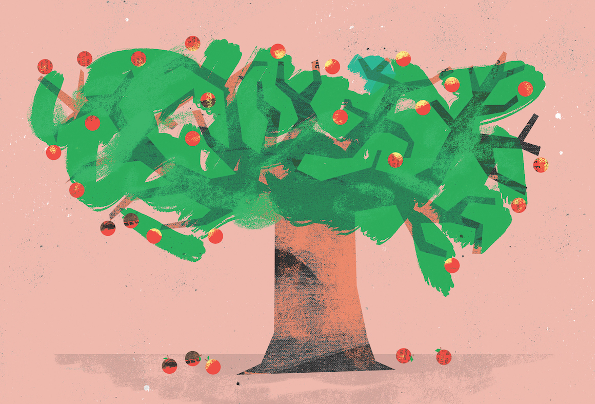 Illustration of an apple tree with a pink background.