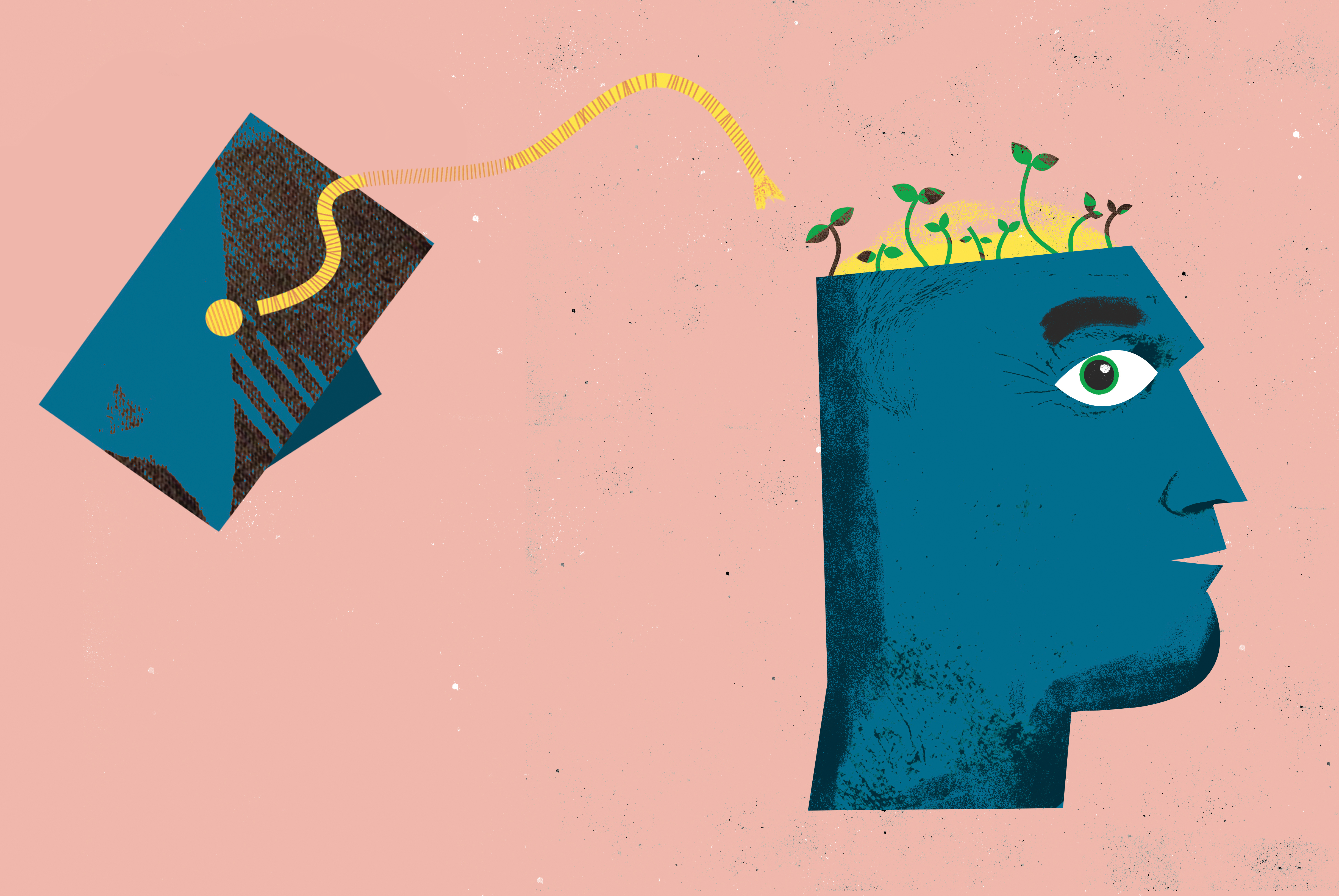 Illustration of a mortarboard and a head with seeds growing out of the head.