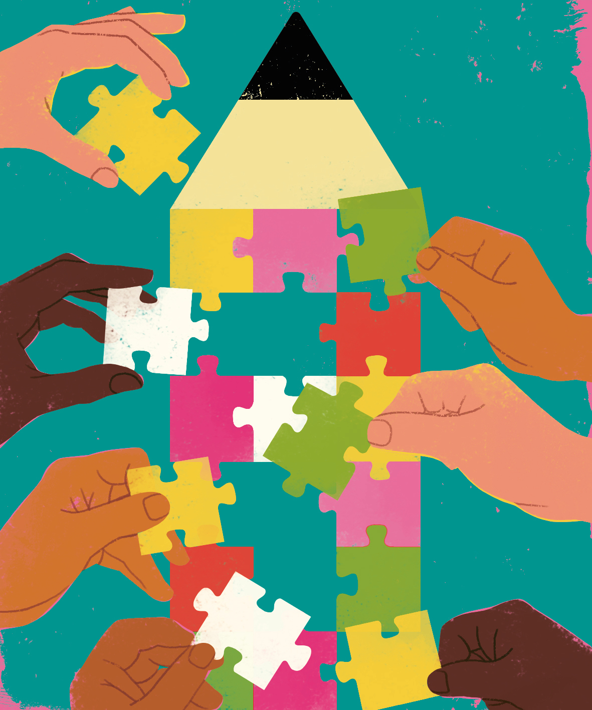 Illustration of people placing different puzzle pieces into a pencil-shaped puzzle.