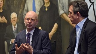 2019-11-Shoah-Center-EDGE-08-800.jpg Founder of Center EDGE, Alan Arkatov, and executive director of the Shoah Foundation Stephen A. Smith discuss ways to teach lessons about the Holocaust and other genocides to new generations of students.