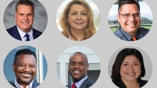 Ed-leaders_lede_web-1160.jpg Top row, from right to left: Paul Gothold EdD ’17, Vivian Ekchian EdD ’19, Scott Parker EdD ’14; bottom row, from right to left, Merril Irving Jr. EdD ’07, Kenechukwu Mmeje EdD ’12, Roxane Fuentes BA ’94, EdD ’15. (Kenechukwu Mmeje Photo/Hillsman Jackson)