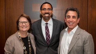 USC Rossier Dean Karen Symms Gallagher, President and CEO of The Education Trust John B. King and USC Rossier Katzman/Ernst Chair for Educational Entrepreneurship, Technology and Innovation Alan Arkatov at the inaugural L.A. Education Exchange. PHOTO CREDIT: BRIAN MORRI
