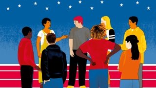 A group of adolescents are in a circle and in discussion against a red, white and blue background.