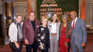 Dean Noguera launched the USC Rossier Educational Equity Initiative with supporters Julie and Gary Crisp, Carol Fox MS ’62, Mary James and Reveta Franklin Bowers BA ’70.