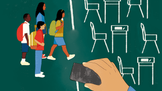 Illustration of four students crossing an erased border drawn on a chalkboard