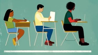 Illustration of three students sitting at desks against a chalkboard background.