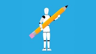 Illustration of a robot holding a pencil.
