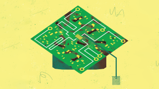 A yellow and green illustration of a mortar board with a computer chip on top.
