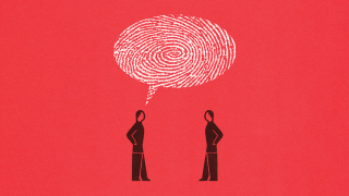 Illustration of two people facing one another. Above one is a large quote bubble with a finger print inside of it. The figures are black and the background is red.