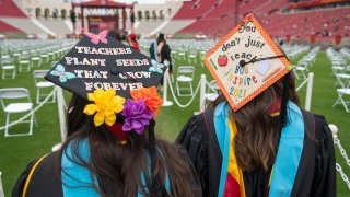 Grad mortar boards at USC's 2020-21 commencement ceremony for the Rossier School of Education at the Los Angeles Memorial Coliseum