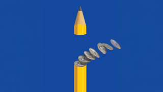 Illustration of a pencil broken in half with quarters coming out of the middle.