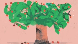 Illustration of an apple tree with a pink background.