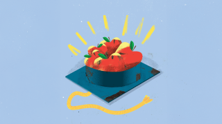 Illustration of apples inside a mortar board.