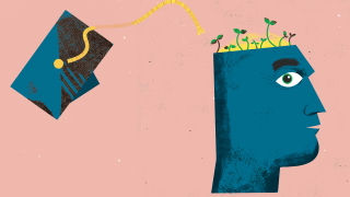 Illustration of a mortarboard and a head with seeds growing out of the head.