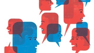 Illustration of red and blue speech bubble heads.