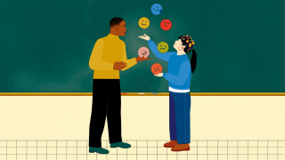Illustration of a student and teacher with the student juggling emojis. 