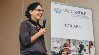 Photo of Mary Helen Immordino-Yanng speaking at the launch of the USC CANNDLE Innnovation Lab project.