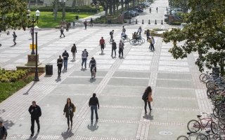 Aerial view of students walking on the USC campus.