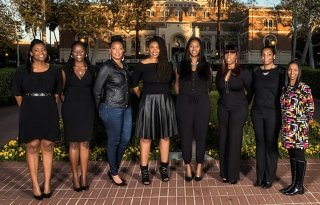 JENGA-founders-1160.jpg The founders of JENGA on the USC campus. From left to right: Rosalind Conerly EdD ’16, Bathsheba Brutus EdD ’16, Marcedes Butler EdD ’16, Airies Davis EdD ’16, Marquisha Flowers EdD ’16, Crystal Adams EdD ’16, Brenda Green EdD ’16, and Khalisha Jefferson EdD ’16. (Photo/Gregory Worsham ME ’16)