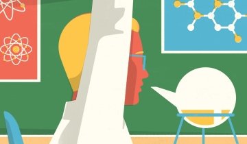 Illustration of a student in a science class raising his hand.