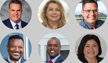 Top row, from right to left: Paul Gothold EdD ’17, Vivian Ekchian EdD ’19, Scott Parker EdD ’14; bottom row, from right to left, Merril Irving Jr. EdD ’07, Kenechukwu Mmeje EdD ’12, Roxane Fuentes BA ’94, EdD ’15. (Kenechukwu Mmeje Photo/Hillsman Jackson)