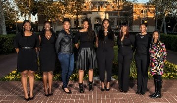 The founders of JENGA on the USC campus. From left to right: Rosalind Conerly EdD ’16, Bathsheba Brutus EdD ’16, Marcedes Butler EdD ’16, Airies Davis EdD ’16, Marquisha Flowers EdD ’16, Crystal Adams EdD ’16, Brenda Green EdD ’16, and Khalisha Jefferson EdD ’16. (Photo/Gregory Worsham ME ’16)