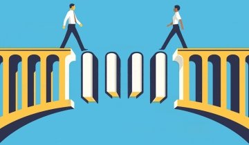 An illustration of a bridge made of books with two people walking toward one another.