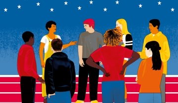 sonia-pulido-Democracy Project Makes Strides-sketch-revised-01-1160.jpg A group of adolescents are in a circle and in discussion against a red, white and blue background.