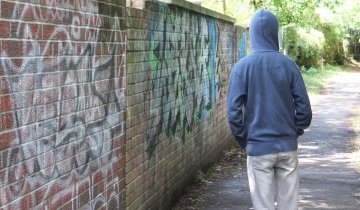 Student walking by tagged streets