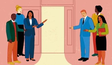 An illustration of a group of faculty gesture toward an open door.