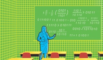 Illustration of a teacher in front of a classroom working on a math equation on the whiteboard.