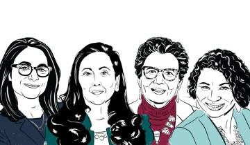 Illustrated portraits of school of education deans Carole Basile, Kimberly White Smith, Frances Contreras and Tina Christie