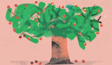 Illustration of an apple tree with a pink background.
