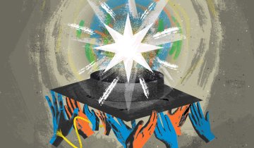 Illustration of blue and red hands holding up a mortarboard.